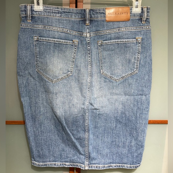 All Saints Goat Leather Trimmed Pocket Button Up Blue Denim Jeans Skirt 10 US - Picture 5 of 7